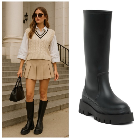 Jeffrey Campbell Shoes - Jeffrey Campbell Black Waterproof Knee High Rain Boots Lug Sole Size 10 NWT